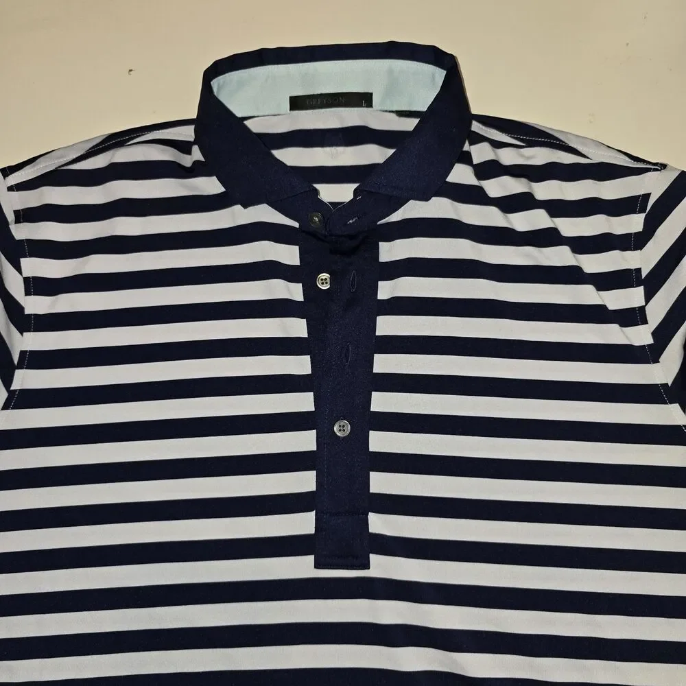 Greyson Polo Shirt Men L Blue White Striped Short Sleeve Performance Preppy Golf
